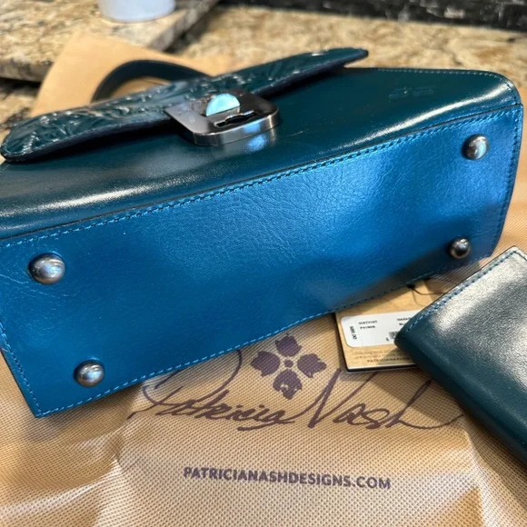 Patricia Nash-Chauny-Satchel Crossbody-Blue Coral-Tooled Leather-Purse & Wallet - Picture 15 of 15